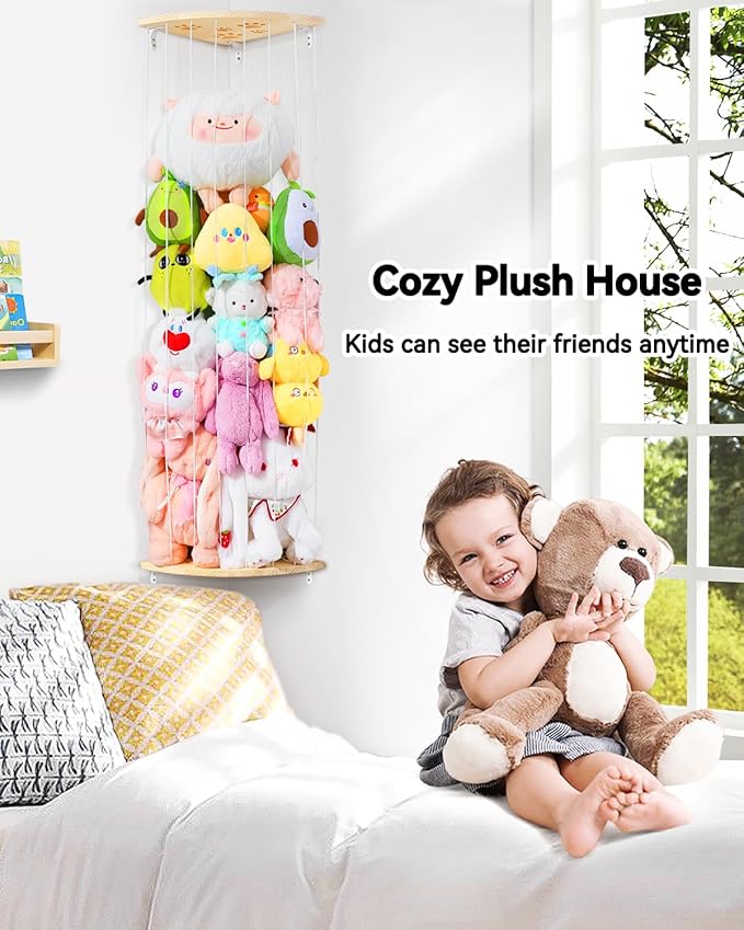 Corner Stuffed Animal Storage Net - Heigh Adjustable Wood Stuffed Animal Organizer - Large Wall Plush Holder Teddy Bear Storage for Bedroom Kids Room Nursery Decor