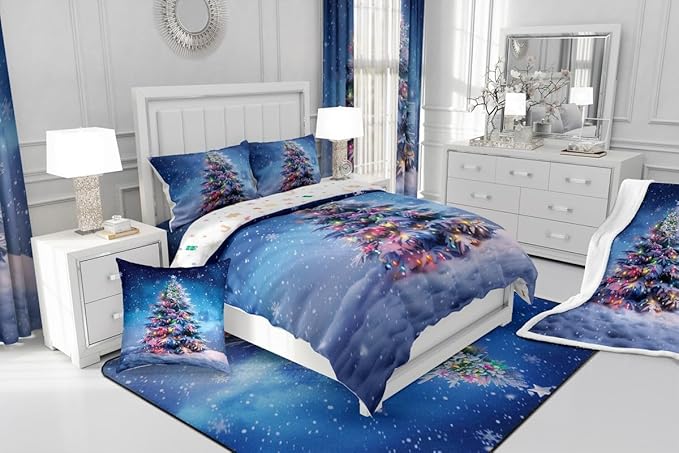 Feelyou Christmas Comforter Set All Season Xmas Tree Bedding Set with 2 Pillow Cases Colored Light Strips Microfiber Kids Queen Bedclothes Snowflake Bedroom Decor Duvet Quilt Breathable Soft