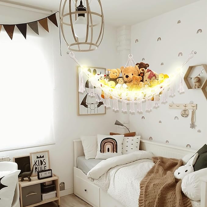 Stuffed Animal Hammock with LED Light, Large Stuffed Animals Storage Corner Plushie Net for Kids Room Decor, Jumbo White