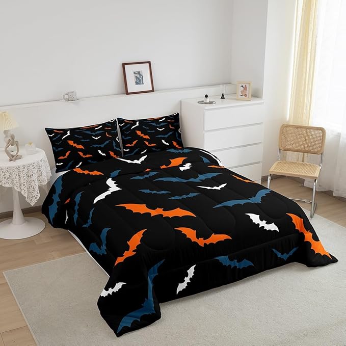 Erosebridal Bat Bedding Set for Kids Adults Boys Girls Happy Halloween Comforter Set King Size Gothic Spooky Quilt Orange Bats Duvet Insert with 2 Pillow Cases
