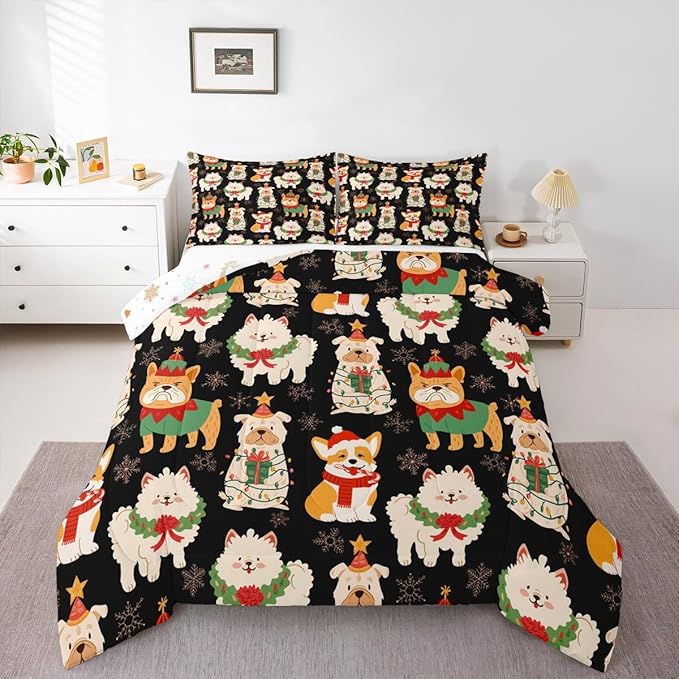 Castle Fairy Christmas Pets King Size Comforter/Duvet Set,Cute Puppy Dog Animal Ultra Soft Bed Collection,Merry Christmas Theme Bedding for Room Decor 3 Pcs,Microfiber Breathable