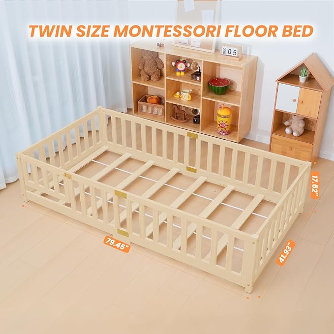 NAIZEA Twin Floor Bed for Kids-Twin Montessori Bed Frame with Wood Slats and Door and Slats, Wood Toddler Floor Beds for Girls and Boys, Natural