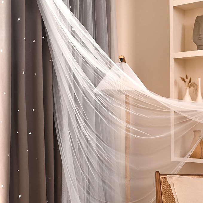 Kinryb Kids Blackout Curtains for Bedroom/Living Room/Classroom, Sheer Overlay Extra Long 2 Panel Set, Double Layer Curtains with Star Cutout for Kids Room(W 52 x L 108 Inches,Coffe 2 Pcs)