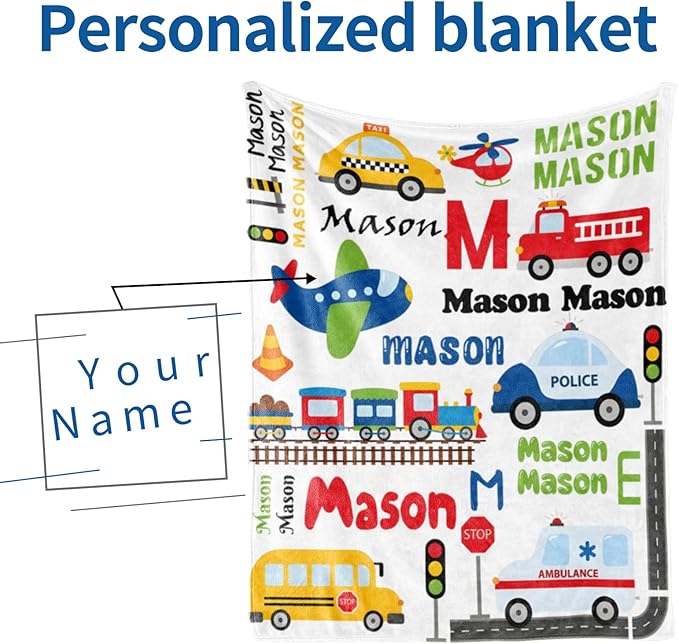 Personalized Blanket with Name for Boys, Custom Name Blanket City Car Transport, Soft Flannel Teen Blankets Customized Gift for Birthday Christmas-50x60in