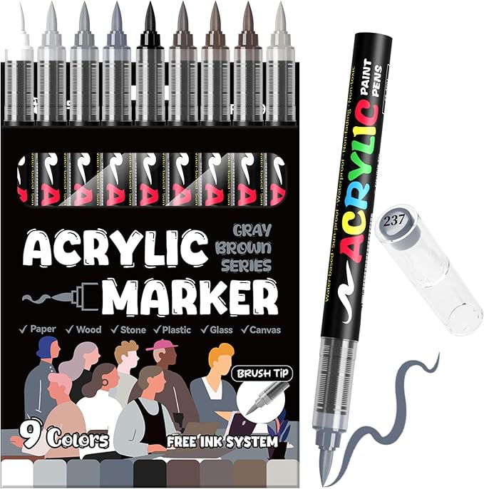Paint Pens Acrylic Markers - 9 Gray Brown Series Brush Tip Water Based Marker Pens for Rock Painting, Wood, Ceramic, Glass, Acrylic Paint Markers for Egg Pumpkin