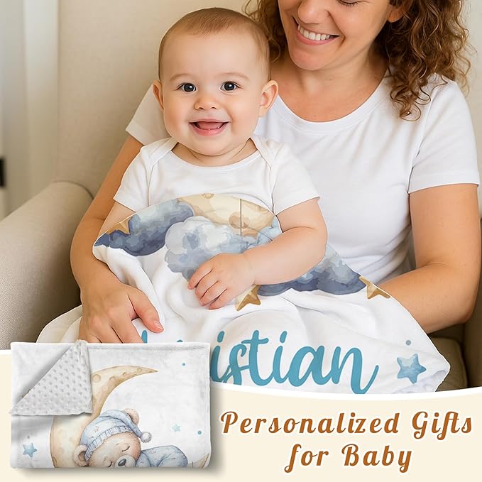 Personalized Baby Blanket with Name, Customized Blanket for Newborn Boys Girls, Sleepy Bear Theme Baby Name Blanket with Dotted Backing, Receiving Swaddle, Baby Shower Birthday Gifts(60" x80)