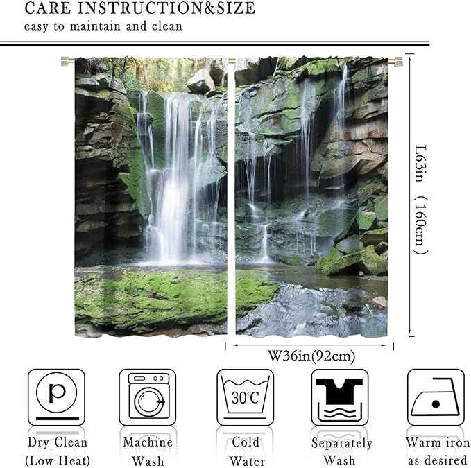 Forest Waterfall Blackout Windows Curtains, Rocky Waterfall to Pond Running Off Scenic Nature Themed Picture Print Curtains, for Living Room Bedroom 72x63in 2 Panels