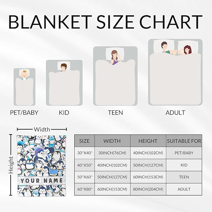 Custom Penguin Gifts for Adult - 60" x 80" Inches Cute Penguin Blanket for Girls - Blue Lightweight Furry Throws for Sofa, Bed & Living Room