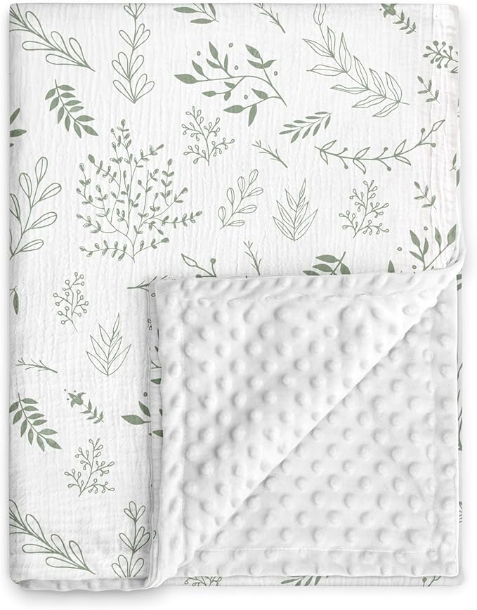GLLQUEN BABY Blankets for Unisex Boys Girls, Muslin Cotton Front Soft and Breathable, and Dotted Fleece Backing, Printed Bed Nursery Minky Blankets for Toddler Newborn, Greenery, 30 x 40 inches