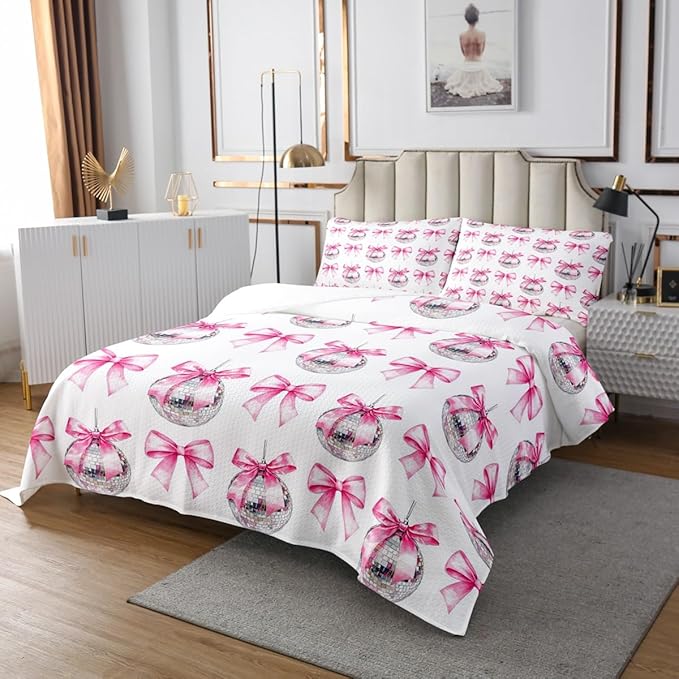 Cartoon Bowknot Kid Bedspread King Size,Bow Tie Butterfly Knot Princess Coverlet Set,Girls Women Room Decor,Western Cowgirl Disco Ball Retro Quilted Coverlet,Pink White Bedding Quilt,2 Pillowcases