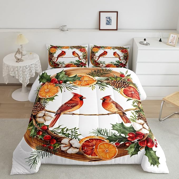 jejeloiu Kids Red Cardinal Comforter Set Full Size Christmas Theme Bedding Set for Boys Girls Teens Xmas Birds Animal Lemon Winter Wood Duvet Quilt Room Decor