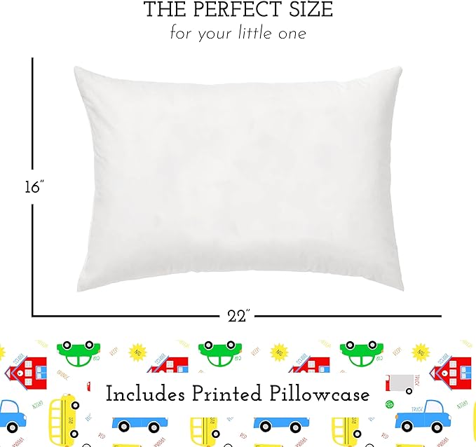 Little Sleepy Head Youth Pillow with Pillowcase 16x22, Soft Jumbo Toddler Pillows, Hypoallergenic Pillow Case - Best Kids Pillows for Sleeping, Perfect Kids Travel Pillows (Trucks 'N Cars)