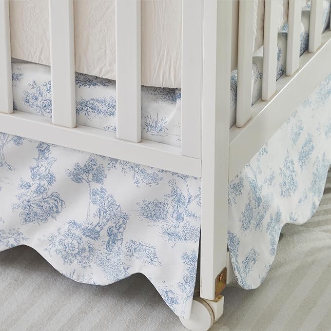 Brandream French Country Toile Crib Skirt, Baby Girl Gender Neutral Crib Skirt Scalloped Toddler Bedskirt Vintage Blue Toile Floral Print 100% Cotton Farmhouse Chic Nursery Crib Bed Skirt