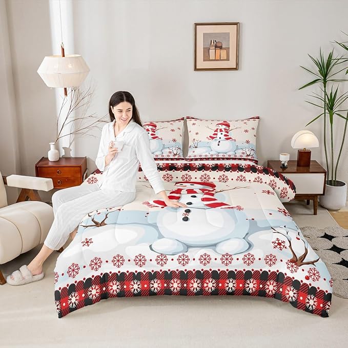 Kids Snowman Christmas Comforter Set King Size,Snowflake Romantic Bedding,Girls Boys Adults Bedroom/Xmas Cabin Decor,Geometric Grid Lattice Down Comforter,Rustic Farmhouse Duvet Insert,2 Pillowcases