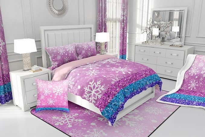 Feelyou Pink Snowflake Comforter Set King Size Winter Snowflake Bedding Set for Kids Boys Girls Christmas Duvet Quilt Glitter Print Bedroom Decor Microfiber 3 Pcs with 2 Pillow Cases