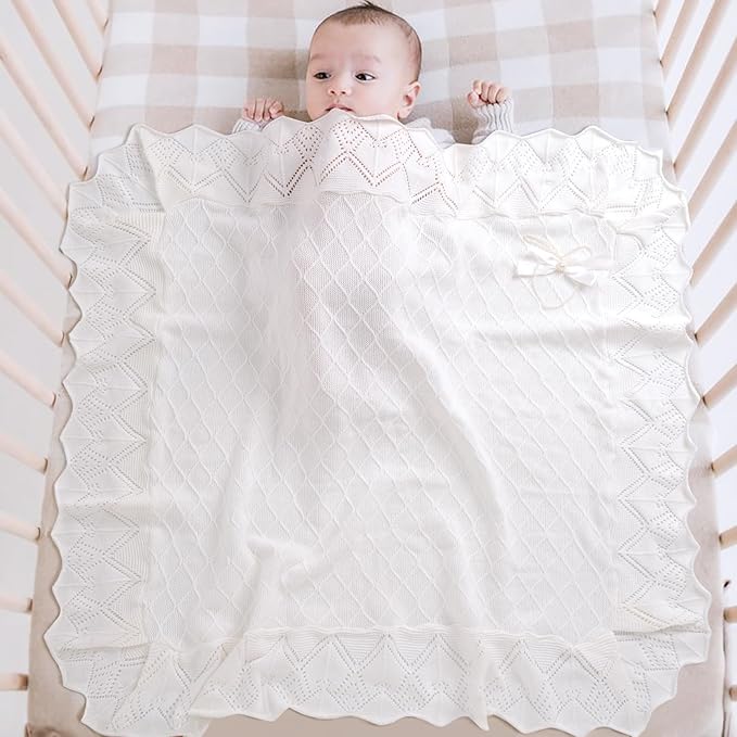 Booulfi Knit White Baby Blankets Neutral,Crib Stroller Newborn Blankets for Boys Girls,Cotton Lace Crochet Winter Blanket Nursery Blanket New Baby Essentials, 38X39