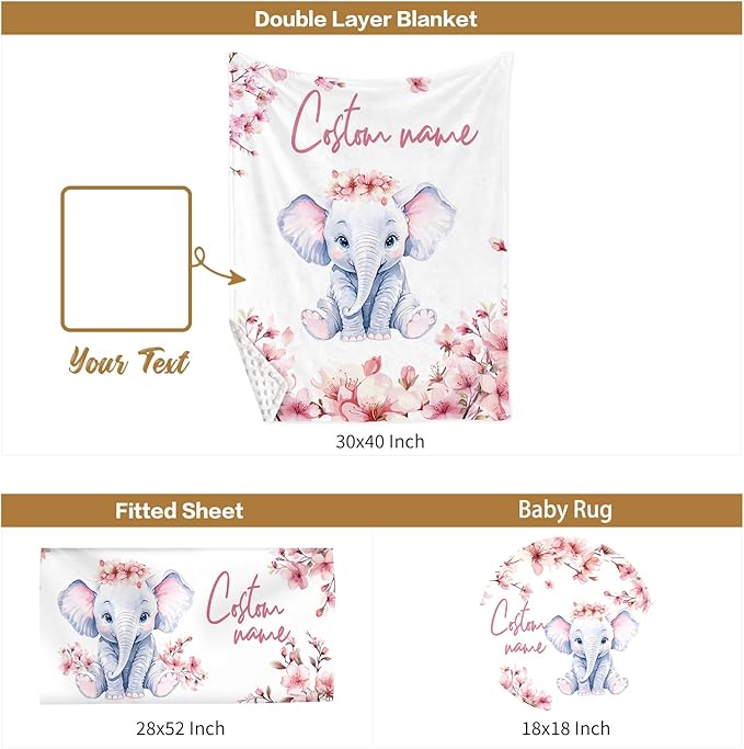 Custom Baby Crib Bedding Set, 3 Pcs Personalized Nursery Bedding Set with Name, Soft Baby Bedding Crib Sets with Blanket - Toddler Crib Sets for Girls Boys, Infant Newborn Gift, Flower Elephant