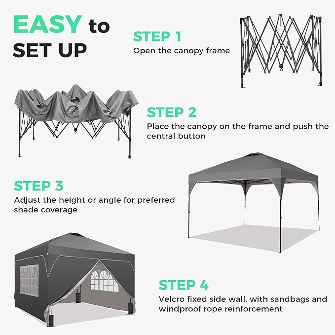 GDY 12x12FT Pop Up Canopy Tent with One Push Setup, Easy to Install with 4-Sidewalls for Events, Parties, Camping, Outdoor Gazebo with 4-Sandbags, Grey.