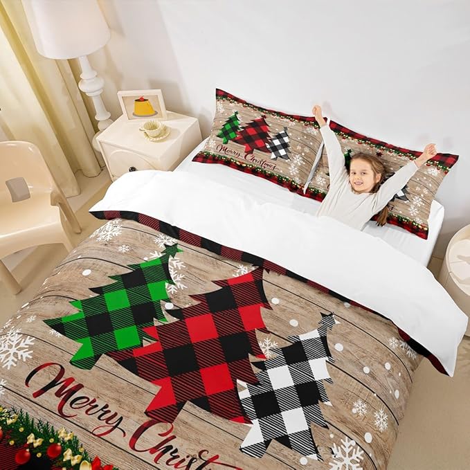 Manfei Plaid Tree Duvet Cover Set Twin Size, Wooden Stripe Print Bedding Set 2pcs for Kids Boys Girls Bedroom Decor, Christmas Theme New Year Comforter Cover with 1 Pillowcase,No Comforter