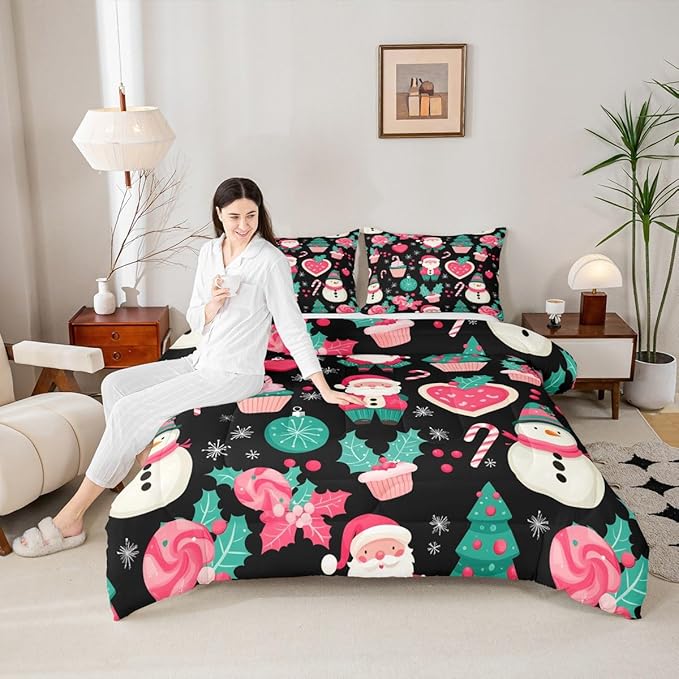 Feelyou Christmas Decor Comforter Set Queen Size Pink Santa Claus Bedding Set for Kids Boys Girls New Year Gift Duvet Quilt Snowman Bedroom Decor Microfiber 3 Pcs with 2 Pillow Cases
