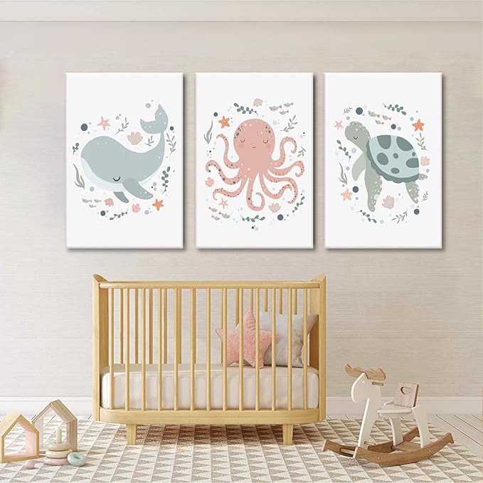 Wodkwq Ocean Nursery Decor,Nursery Wall Decor,Kids Bathroom Decor,Under The Sea,Boys Room Sea Animal Wall Art Picture Canvas Prints Set of 3,Bedroom 12x16 Inch Framed