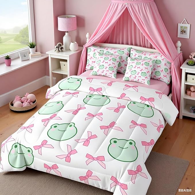 7 Pieces Pink Bowknot Comforter Set Full,Cartoon Frog Bow Tie Butterfly Knot Princess Bedding Set,Geometric Patchwork Cute Sweet（Comforter+Fitted+Flat Sheet+2 Pillowcases+2 Throw Pillow Covers）