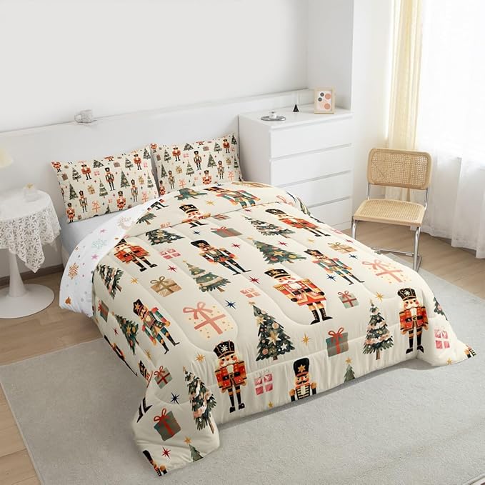 jejeloiu Xmas Nutcracker Comforter Set King Size Christmas Beige Bedding Set for Kids Boys Girls Cute Snowflakes Duvet Quilt Bedroom Decor