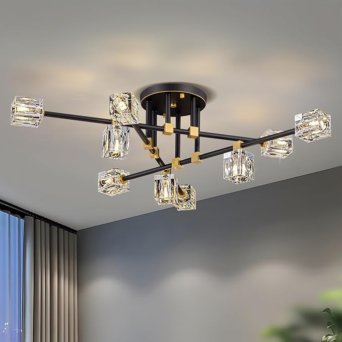 Modern Sputnik Chandelier, Semi Flush Mount Ceiling Light Fixture with 9-Lights, Black and Gold K9 Crystal Ceiling Light for Living Room, Dining Room, Foyer,Kitchen Island,Bedroom