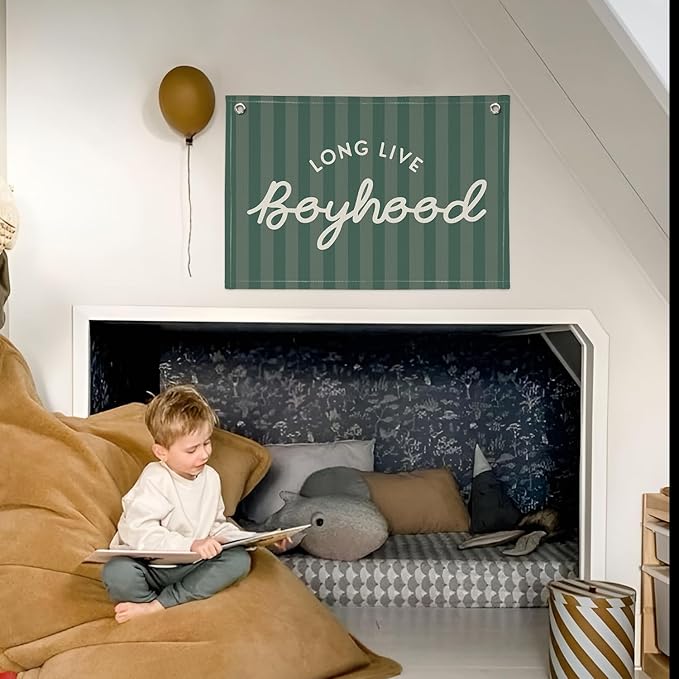 Long Live Boyhood Banner, Boy Nursery Decor, Canvas Banner Wall Hanging Flag Decor for Nursery Playroom Toddler Room, Boys Kids Room - Deep Green