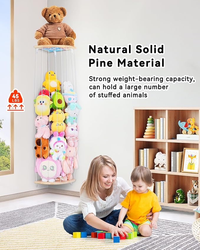 Corner Stuffed Animal Storage Net - Heigh Adjustable Wood Stuffed Animal Organizer - Large Wall Plush Holder Teddy Bear Storage for Bedroom Kids Room Nursery Decor (Natural Pine with Dolphin Pattern)