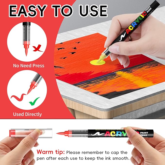 Paint Pens Acrylic Markers - 12 Warm Tone Brush Tip Water Based Marker Pens for Rock Painting, Wood, Ceramic, Glass, Acrylic Paint Markers for Egg Pumpkin