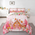 jejeloiu Kids Christmas Theme Comforter Set Full Size Cute Deer Gingerbread Man Bedding Set for Boys Girls Teens Pink Xmas Tree Candy House Winter Snowflake Duvet Quilt Room Decor