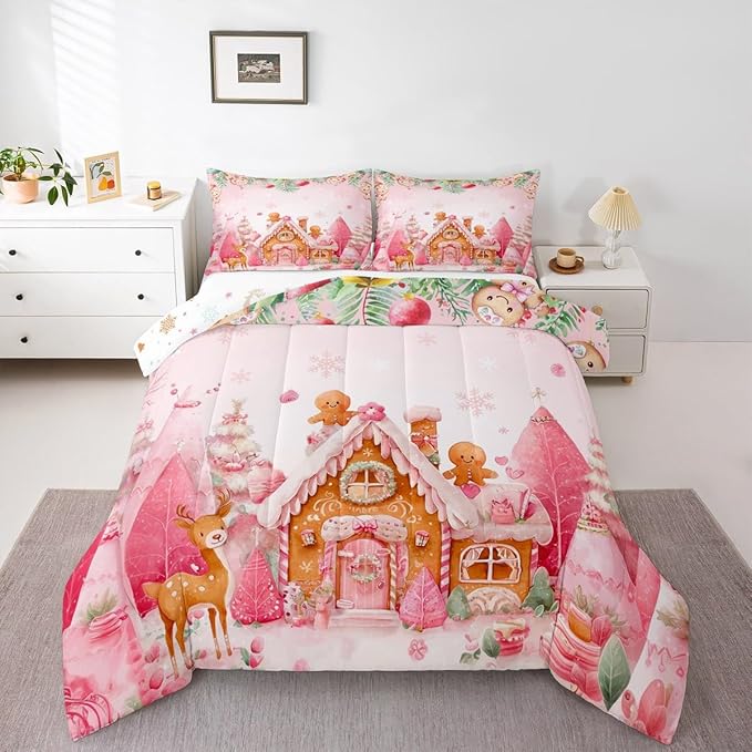 jejeloiu Kids Christmas Theme Comforter Set King Size Cute Deer Gingerbread Man Bedding Set for Boys Girls Teens Pink Xmas Tree Candy House Winter Snowflake Duvet Quilt Room Decor