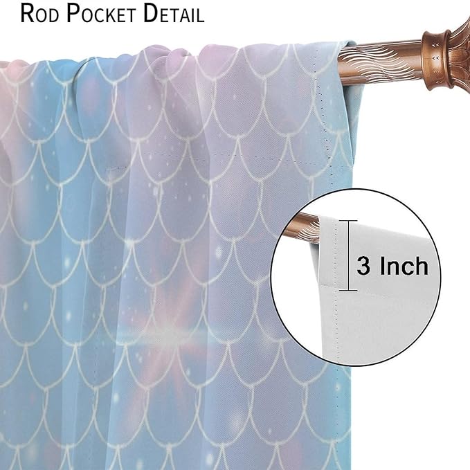Mermaid Curtains, Kids Cartoon Watercolor Sea Animals Mermaid Princess Scales Pattern Print Living Room Decoration for Kids Girls Bedroom Nursery 63x63 Inch