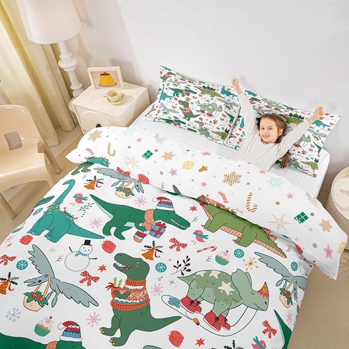 Feelyou Christmas Dinosaur Decorative Comforter Cover Toddler Size Cartoon Snowman Duvet Cover Xmas Bow Snowflake Bedding Set Gifts for Kids Boys Girls 1 Pillow Case