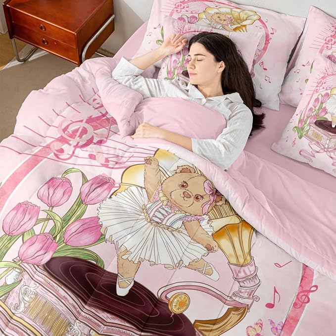 Ballerina Bear Kids Comforter King Size,Record Player Music Note Ballet Shoe 7 Pcs Bedding Set,Bowknot Bow Tie Princess Room Decor,Pink Romantic （Fitted+Sheet+2 Pillowcases+2 Throw Pillow Covers）
