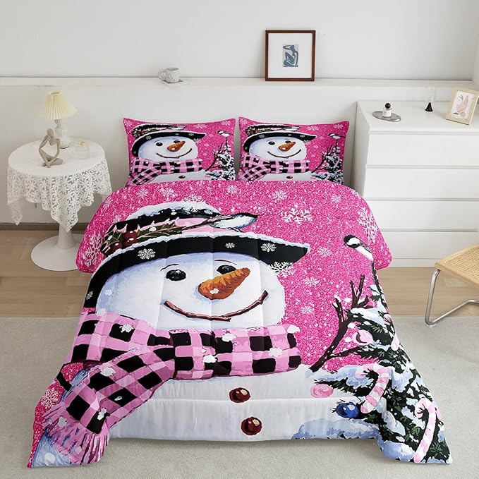 Feelyou Kids Christmas Theme Decorations Bedding Set Xmas Snowman Comforter Set for Boys Girls Snowflake Kawaii Cute Hot Red Bedroom Collection Queen Size