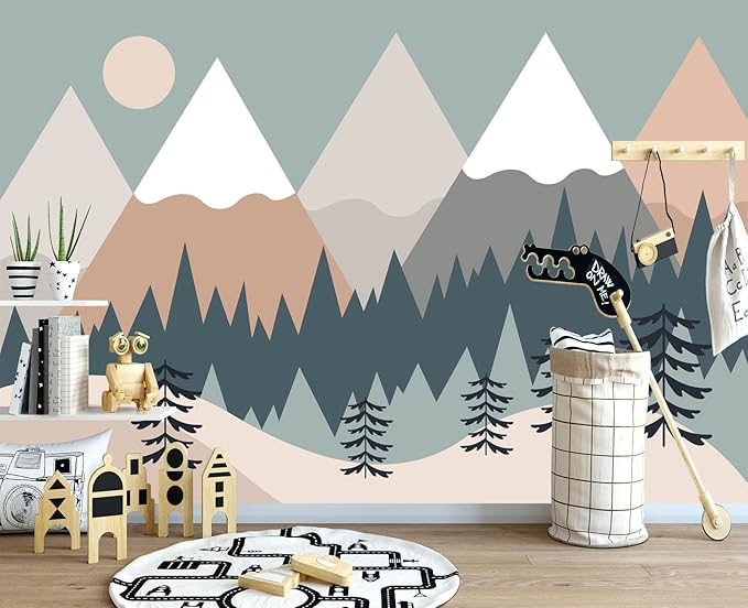 Children's Cartoon Mountain Peak Forest Sun Nursery Wall Mural Wallpaper 103" x 69"