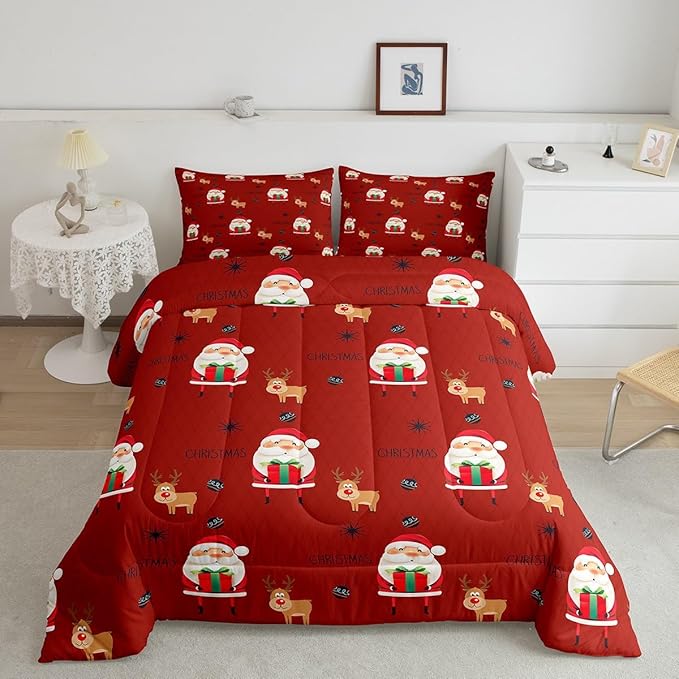 Santa Claus Comforter Set Christmas Deer Decorations Bedding Set for Kids Boys Girls Winter Snowflake Comforter Merry Christmas Khaki Red Quilt Collection 3Pcs Full Size