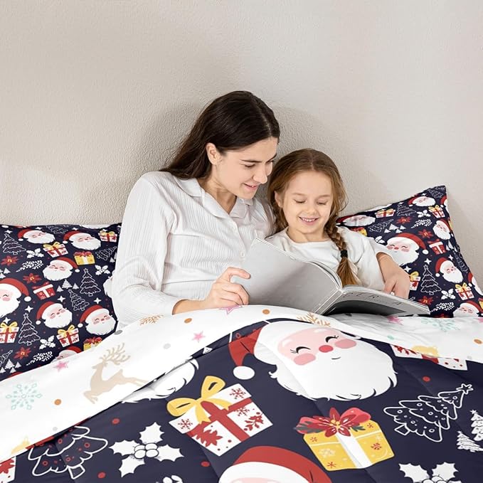 jejeloiu Santa Claus Comforter Set King Size Merry Christmas Bedding Set for Kids Boys Girls Xmas Themed Duvet Quilt Dark Blue Bedroom Decor