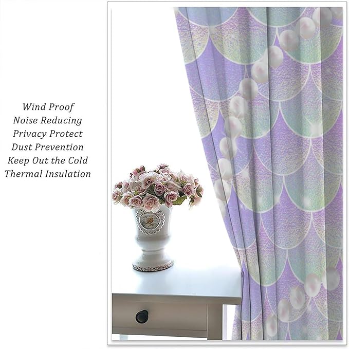 Mermaid Curtains, Gradient Color Pink Purple Pearl Ocean Theme Mermaid Fish Scale Print Decoration Suitable for Children Girls Bedroom Nursery Curtains 55x63 Inch