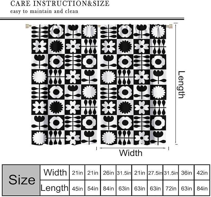 Mid Century Geometric Floral Curtains,Vintage 70s Window Treatments for Boys Girls Kids Bedroom Curtains,Boho Black and White Floral Curtains 42"" W X 54"" L, Style-10