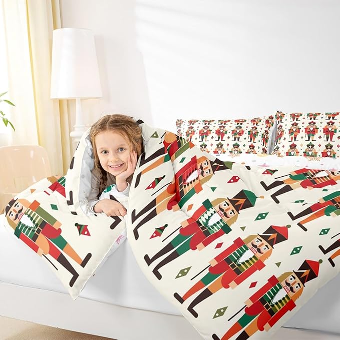 Feelyou Christmas Kids Comforter Set Queen Size Nutcracker Bedding Set Soldier Royal Guarder Princess Duvet Quilt for Kids Boys Girls Bedroom Decor Microfiber Ultra Soft Breathable
