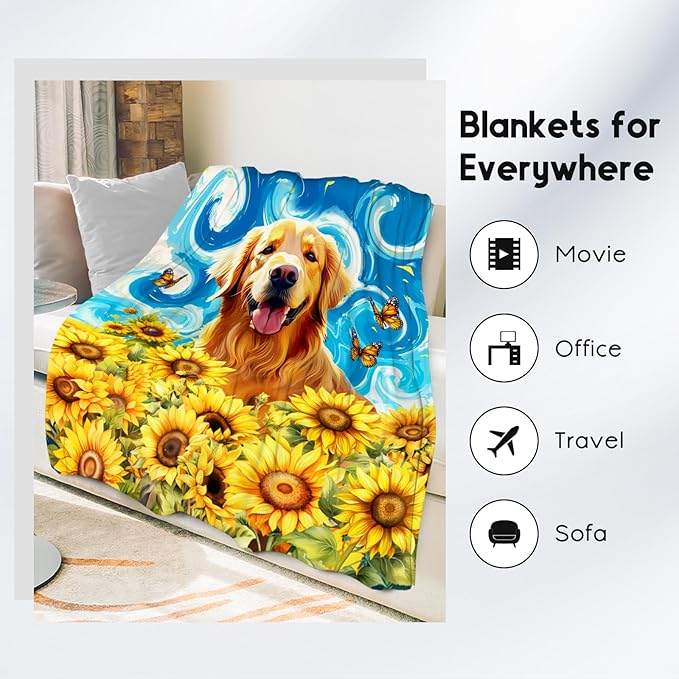 Golden Retriever Blankets for Boys/Girls/Women/Men - Dog Blanket for Dog Lovers - Soft Cozy Lightweight Sunflower Throws Gifts - 60"x80"
