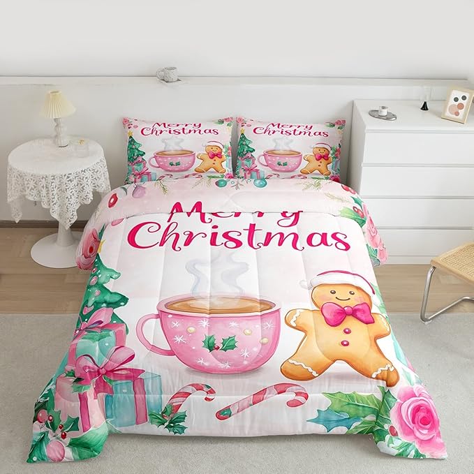 Feelyou Merry Christmas Bedding Set Soft for Boys Girls, Christmas Decor Comforter Set Queen Size Gingerbread Man Duvet Quilt Microfiber Xmas Bedroom Decor 3 Pcs with 2 Pillow Cases