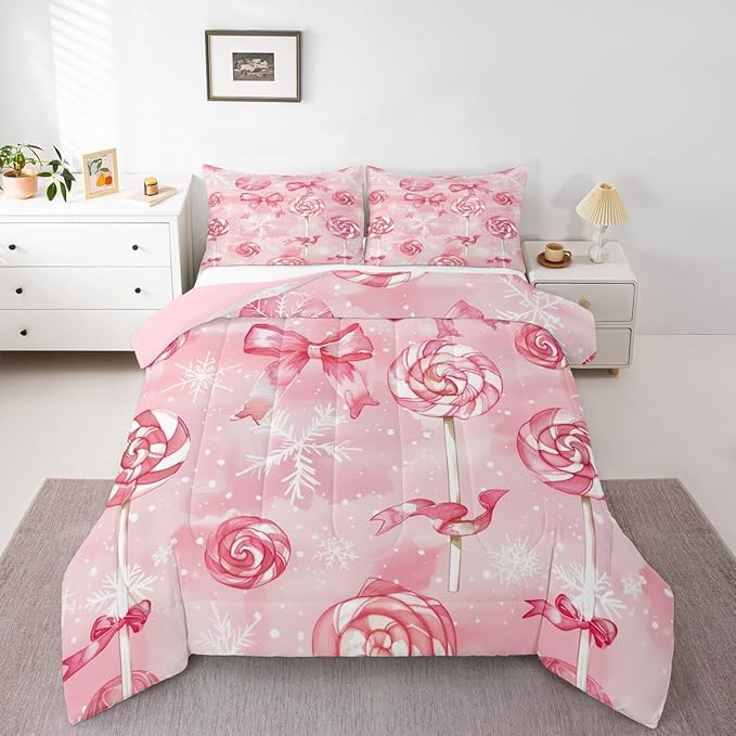 Feelyou Pink Bow Comforter Set Twin Size Pink Lollipops Bedding Set for Kids Boys Girls Watercolor-Style Duvet Quilt Xmas Snowflake Bedroom Decor Christmas Microfiber 2 Pcs with 1 Pillow Cases