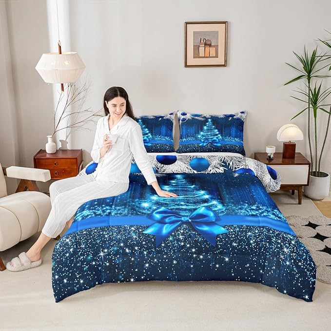 Merry Christmas Kids Comforter Set Queen Size,Snowflake Christmas Tree Bowknot Bedding Set,Girls Boys Adults Xmas Decor,Blue Gradient Line Glitter Down Comforter,Romantic Duvet Insert,2 Pillowcases