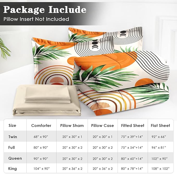 5 Pcs Twin Size Comforter Set with Pillowcase & Sham, Contemporary Mid Century Bedding for Kids and Adults, Rainbow Sun Boho Geometric Bed in a Bag with Flat Fitted Sheet