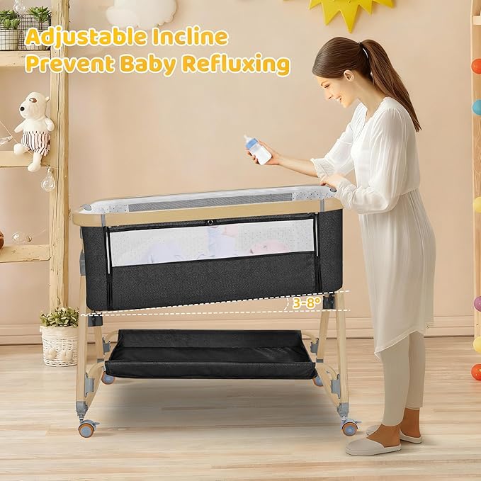 Bedside Bassinet,Bassinet Bedside Sleeper,3 in 1 Bedside Bassinet for Baby,Rocking Bassinet with Mattress,Mobile,Mosquito Net,Storage Basket,6-Height Adjustable Bassinet with Wheels for Newborn