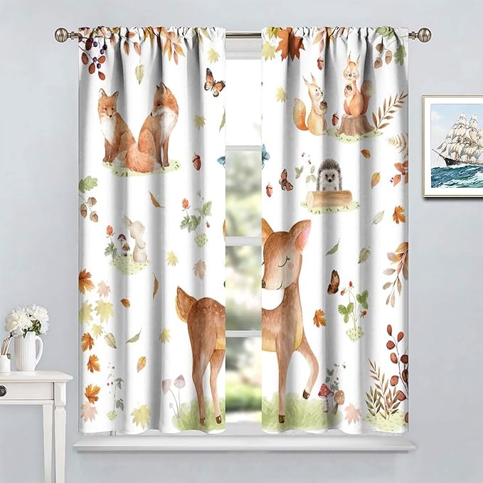 Fall Animails Curtains for Kids, Rustic Cute Woodland Wild Animal Window Treatments Watercolor Autumn Leaves Cartoon Fox Deer Window Drapes for Nursery Toddler Bedroom 42x54in